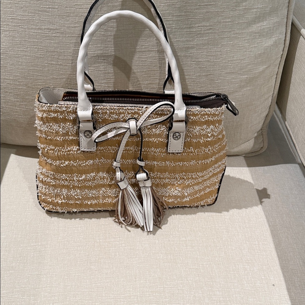 Brahmin White and Tan Striped Tote with Tassel Bow